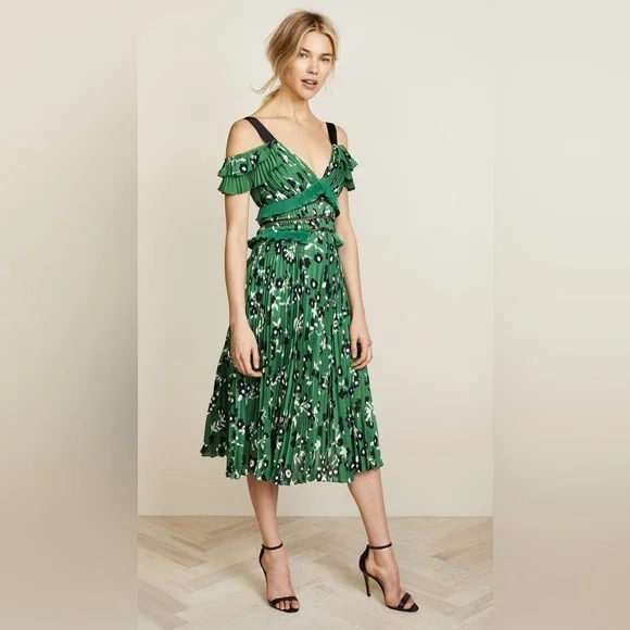 self portrait cold shoulder floral printed dress in green Self Portrait Cold Shoulder Floral Printed Midi Dress - Meghan Markle Dresses